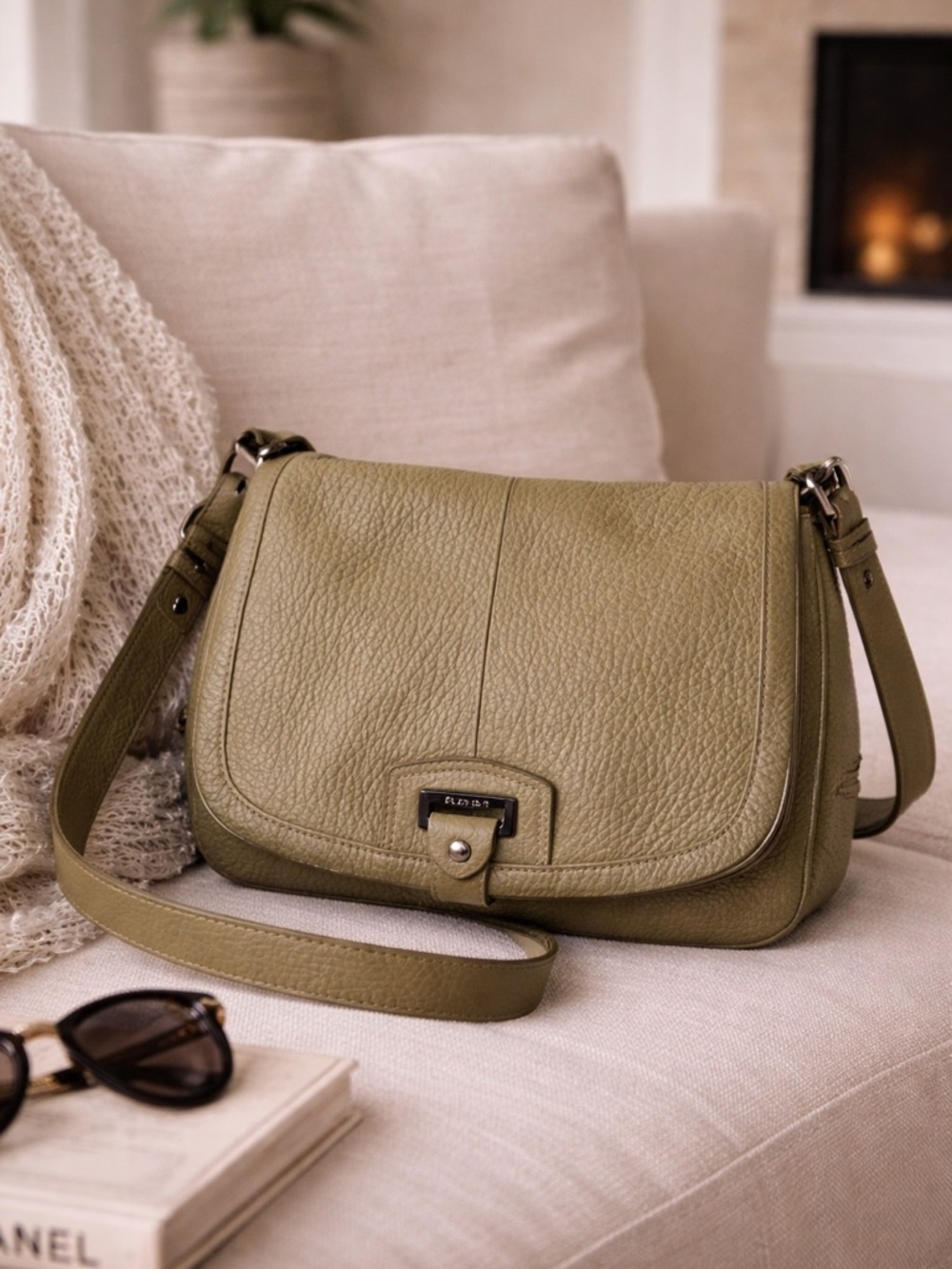 Perlina Olive Green Pebbled Leather Crossbody Bag Soft Leather Shoulder Purse